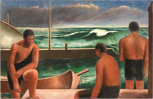 Carlo Carr&#224; : Nuotatori  (1929-30)  - Olio su tela - Asta Arte Moderna - II - Casa d'aste Farsettiarte