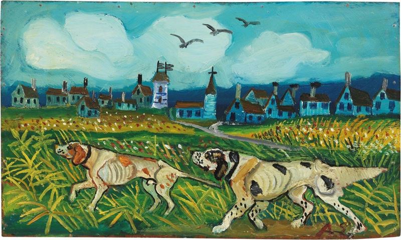 Antonio Ligabue - Cani da Caccia con Paesaggio