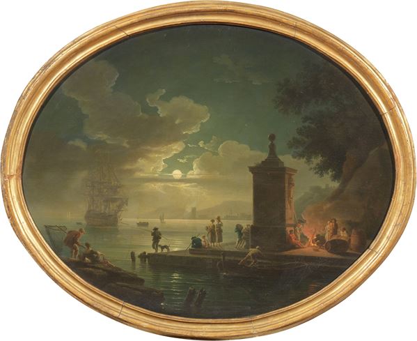 Scuola francese del XIX secolo - Veduta notturna di marina con vascello