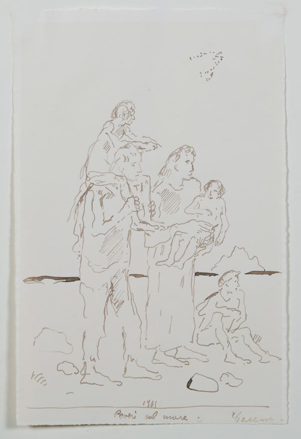 Felice Carena : Poveri sul mare  (1961)  - Inchiostro su carta - Asta PARADE III - ARTE MODERNA, CONTEMPORANEA E GRAFICA - Casa d'aste Farsettiarte