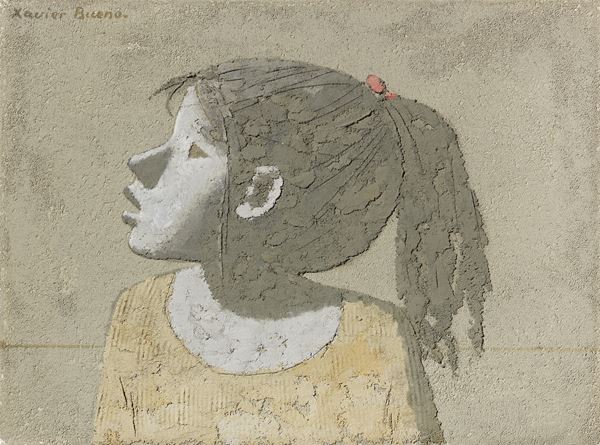 Xavier Bueno : Bambina di profilo con coda  (1970)  - Olio e tecnica mista su tela - Auction Paintings, Drawings, Sculptures and Multiples - Casa d'aste Farsettiarte