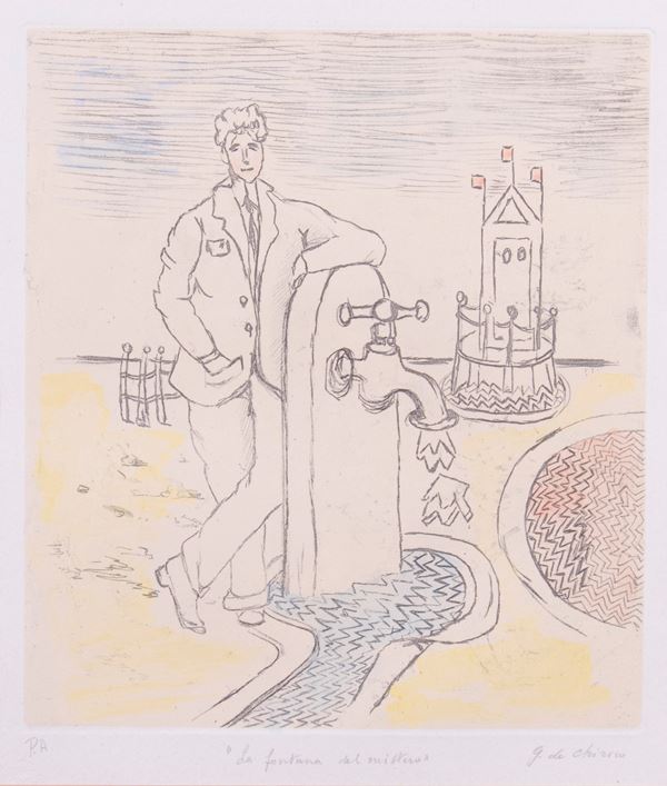 Giorgio de Chirico : La fontana del mistero  (1971)  - Incisione a vernice molle, es. P.A. - Asta Dipinti, Disegni, Sculture e Grafica - Casa d'aste Farsettiarte