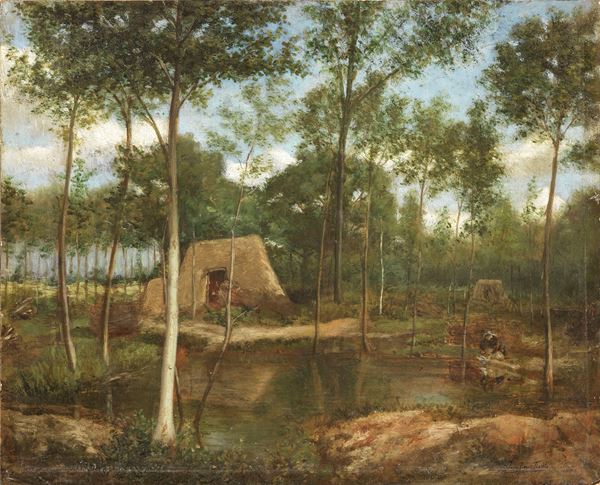 Serafino De Tivoli - Paesaggio boschivo con capanno e lavandaia al torrente