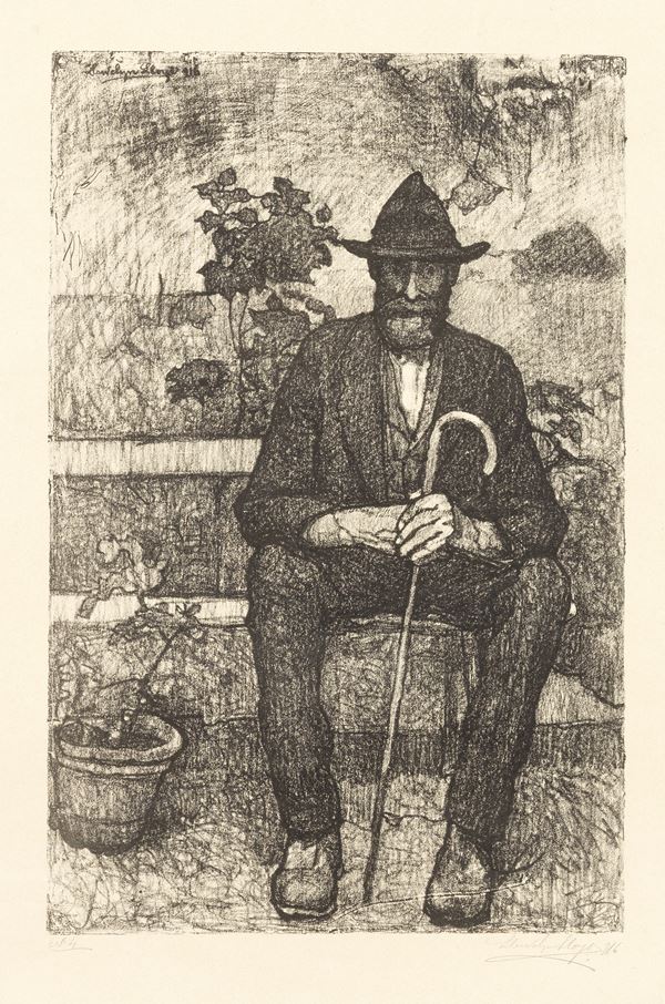 Llewelyn Lloyd : Uomo seduto con bastone e cappello  (1916)  - Litografia su carta - Asta Dipinti e Sculture del XIX e XX secolo - Casa d'aste Farsettiarte