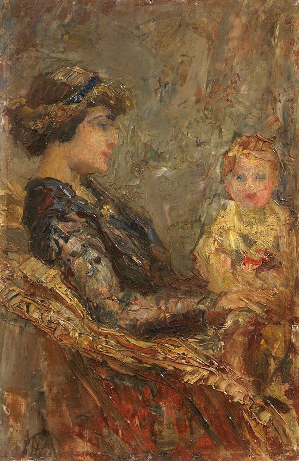 Angiolo D'Andrea : Mamma e bambino  - Olio su tavoletta - Auction XIX and XX Century Paintings and Sculptures - Casa d'aste Farsettiarte