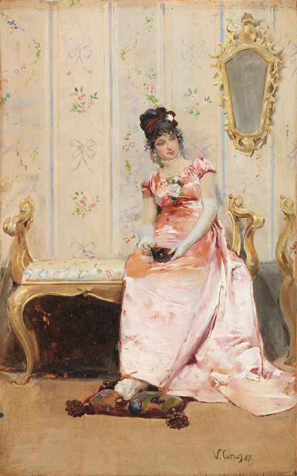 Vittorio Corcos : Giovane in abito rosa  (1887)  - Olio su tavoletta - Asta Dipinti e Sculture del XIX e XX secolo - Casa d'aste Farsettiarte