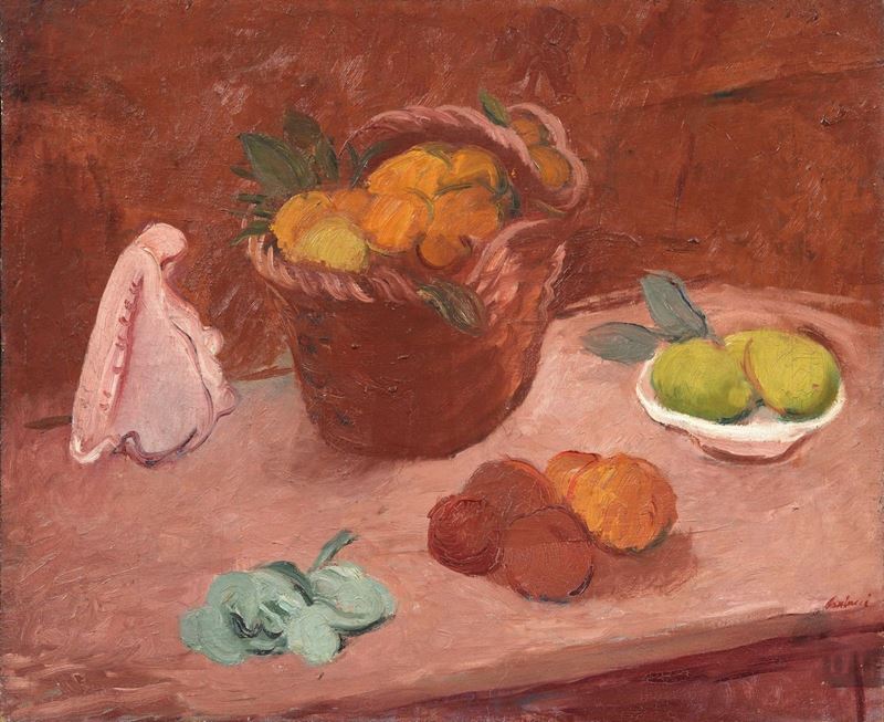 Enrico Paulucci - Natura Morta con Cesto di Frutta e Conchiglia