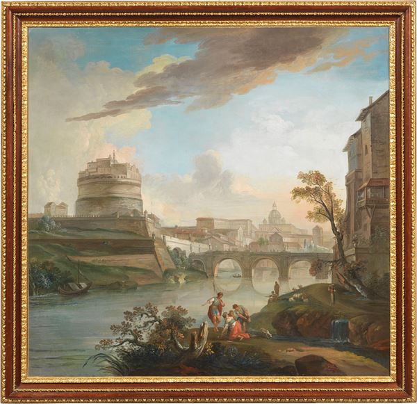Jean-Baptiste Lallemand : Veduta del Ponte e Castel Sant'Angelo a Roma  - Olio su tela - Auction Important Old Masters Paintings and Furnitures - Casa d'aste Farsettiarte