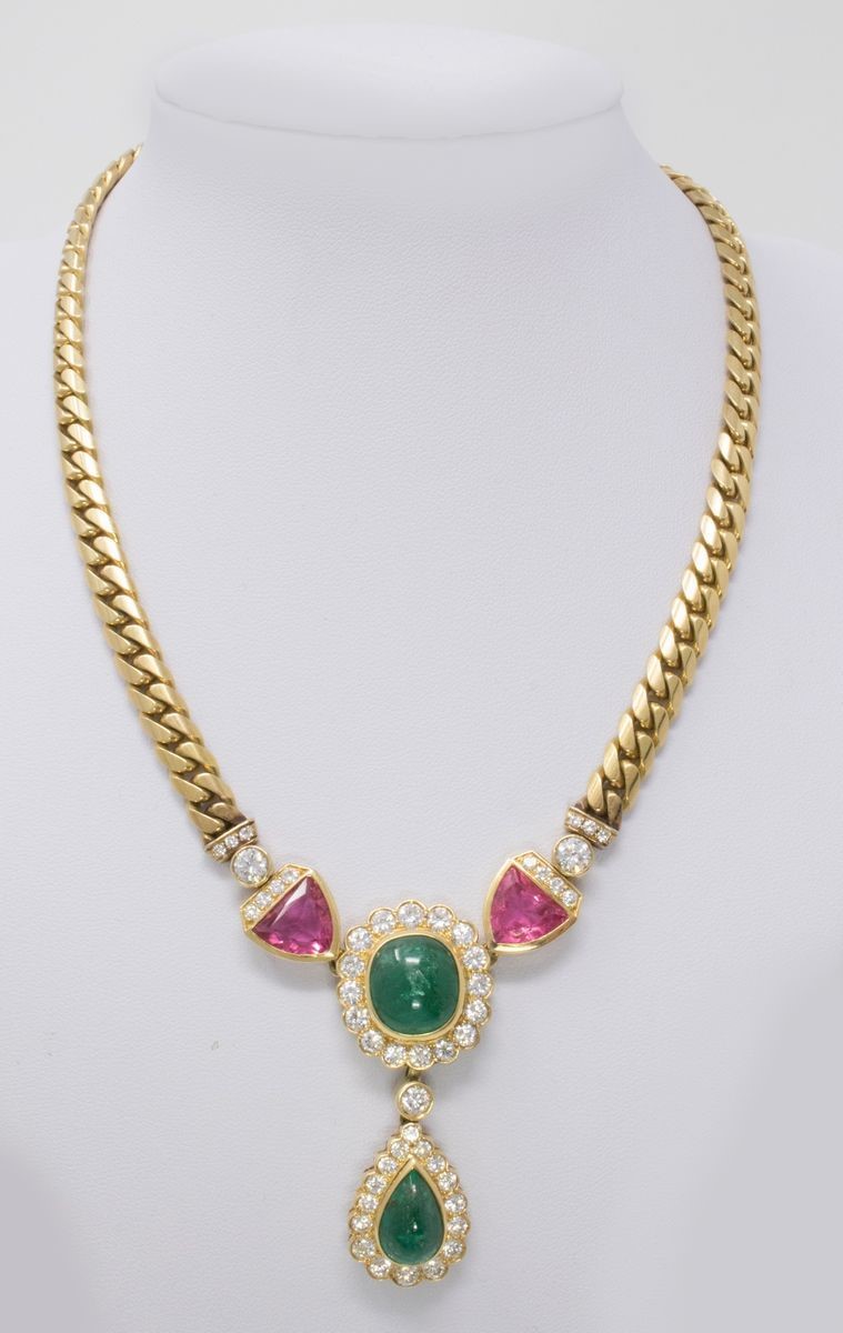 Elegante Collana Girocollo in Oro Giallo, Smeraldi, Tormaline e Brillanti