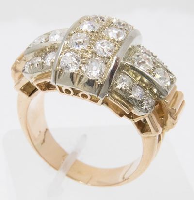 Anello a Fascia Bombata in Oro Rosso e Bianco con Diamanti Vecchio Taglio