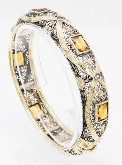 Bracciale Rigido a Fascia Bombata in Oro, Argento e Quarzi Citrini