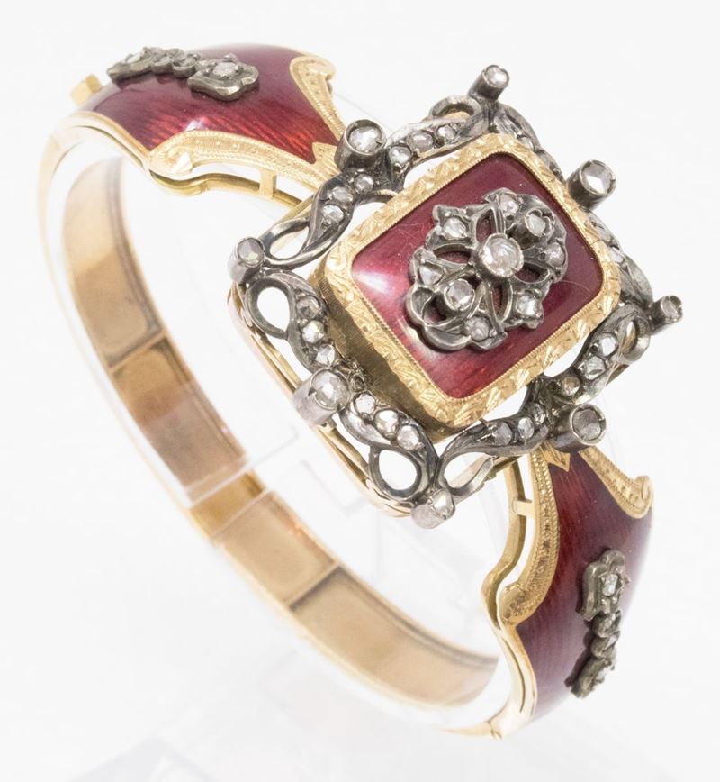 Bracciale Rigido in Oro Giallo e Argento con Smalto e Rose di Diamante