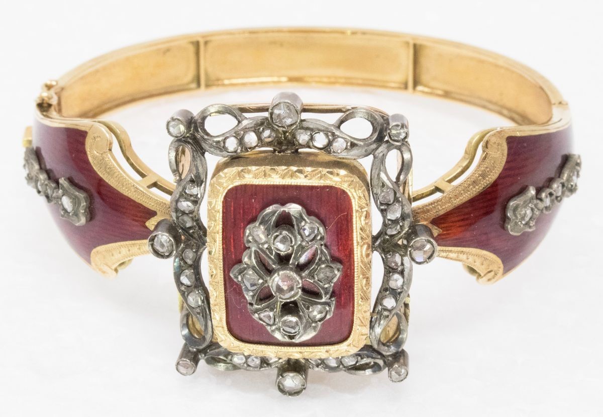 Bracciale Rigido in Oro Giallo e Argento con Smalto e Rose di Diamante