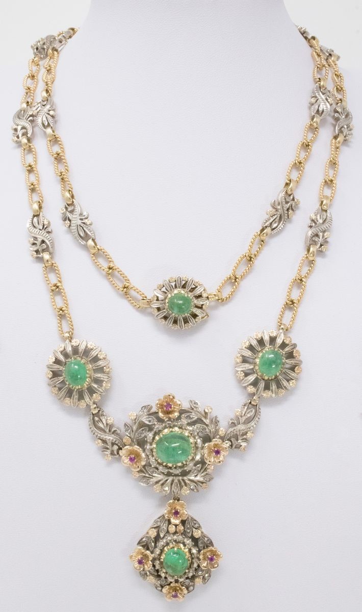 Lunga Collana in Oro Giallo e Argento con Smeraldi, Rose di Diamante e Piccoli Rubini