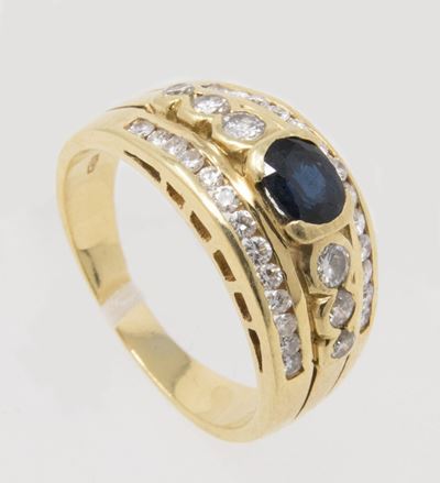 Anello a Fascia in Oro Giallo con Zaffiro e Brillanti