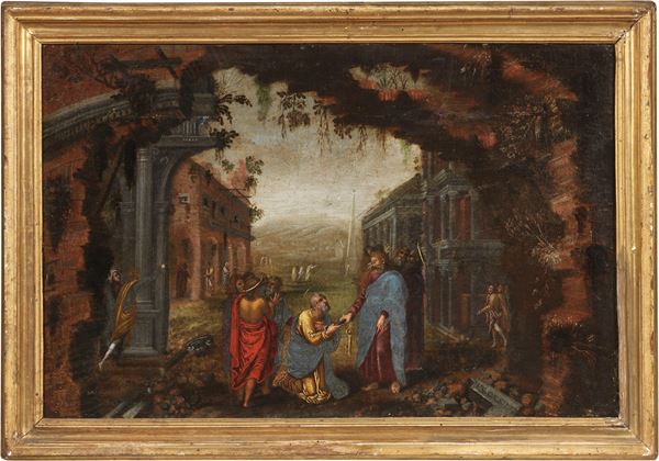 Scuola fiamminga fine XVI - inizio XVII secolo - Gesù consegna le chiavi a San Pietro