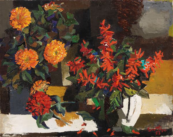 Renato Guttuso : Zinnie e altri fiori  (1957)  - Olio su tela - Asta Arte Moderna - Casa d'aste Farsettiarte
