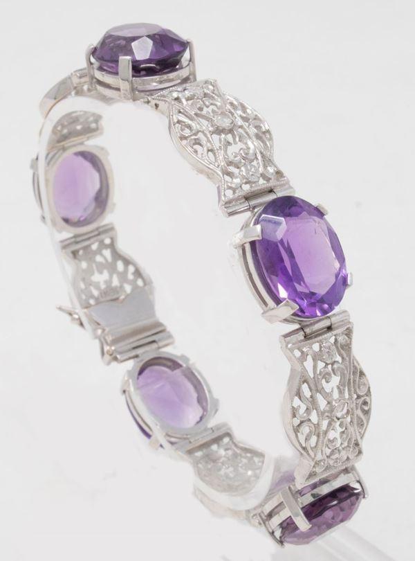 Bracciale in oro bianco, ametiste e diamanti