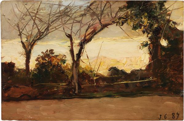 Lorenzo Delleani : Paesaggio biellese al tramonto  (1887)  - Olio su tavoletta - Asta Dipinti e Sculture del XIX e XX secolo - Casa d'aste Farsettiarte