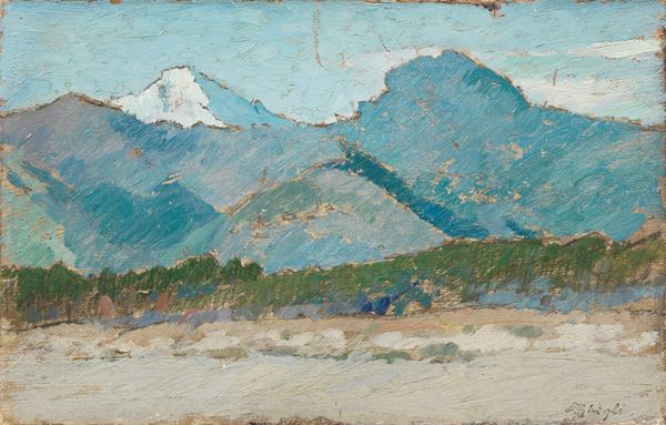 Oscar Ghiglia : Le Alpi Apuane  ((1921))  - Olio su cartone - Asta Dipinti e Sculture del XIX e XX secolo - Casa d'aste Farsettiarte