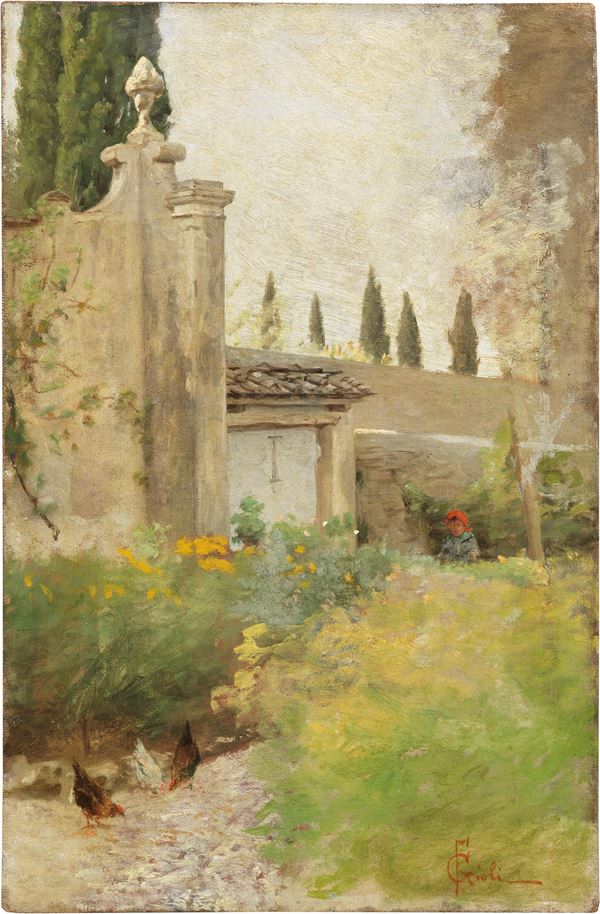 Francesco Gioli : Nel giardino (Fauglia)  - Olio su tela - Asta Dipinti e Sculture del XIX e XX secolo - Casa d'aste Farsettiarte