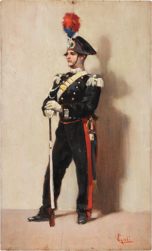 Luigi Gioli : Carabiniere in alta uniforme  - Olio su tavoletta - Asta Dipinti e Sculture del XIX e XX secolo - Casa d'aste Farsettiarte