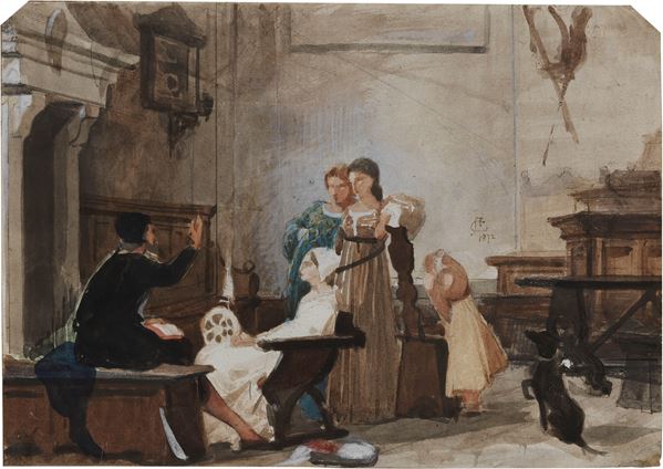 Amos Cassioli : Il novelliere  (1872)  - Acquerello su carta - Asta Dipinti e Sculture del XIX e XX secolo - Casa d'aste Farsettiarte