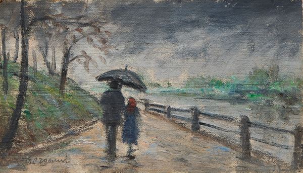 Ignoto del XX secolo : Figure sotto la pioggia  - Olio su tela - Auction PARADE II - XIX and XX Century Paintings and Drawings - Casa d'aste Farsettiarte