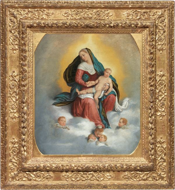 Giovan Battista Moroni : Madonna col Bambino e cherubini  - Olio su tela - Asta Importanti Dipinti e Arredi Antichi - Casa d'aste Farsettiarte