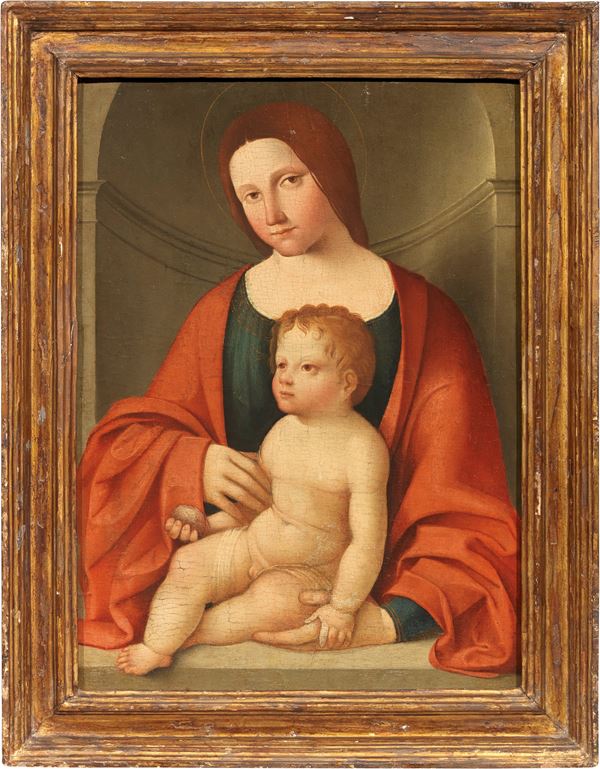 Scuola ferrarese inizio del XVI secolo : Madonna col Bambino  - Olio su tavola - Asta Importanti Dipinti e Arredi Antichi - Casa d'aste Farsettiarte