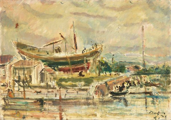 Filippo de Pisis : Porto Canale  (1941)  - Olio su cartone telato - Asta Arte Moderna - Casa d'aste Farsettiarte