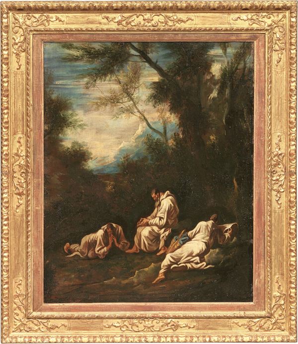 Antonio Francesco Peruzzini (attr. a) : Paesaggio con tre monaci  - Olio su tela - Asta Importanti Dipinti e Arredi Antichi - Casa d'aste Farsettiarte