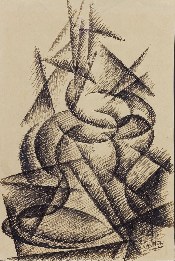 Gerardo Dottori : Forme dinamiche  (1926)  - Inchiostro su carta applicata su cartoncino - Auction Paintings, Drawings, Sculptures and Multiples - Casa d'aste Farsettiarte