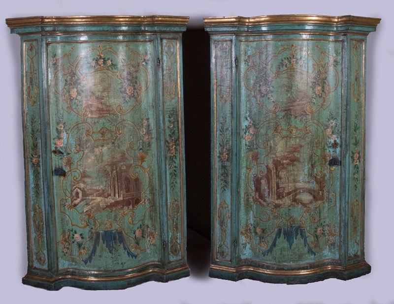 Coppia di Angoliere in Legno Laccato Turchese e Oro